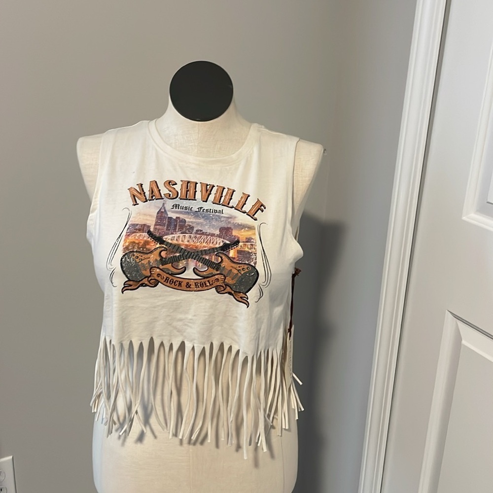 Recycled threads top Nashville music festival cream fringe crop top large new - Picture 10 of 10